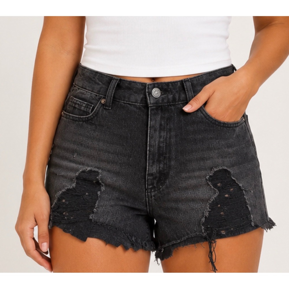 Love Revival Black Distressed Denim Shorts Raw Hem High Rise Size 5